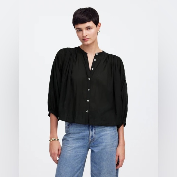 Madewell Shirred Crewneck Balloon Sleeve Button Up Peasant Blouse in Black, XXS - Picture 2 of 14